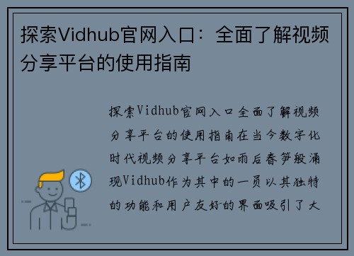 探索Vidhub官网入口：全面了解视频分享平台的使用指南